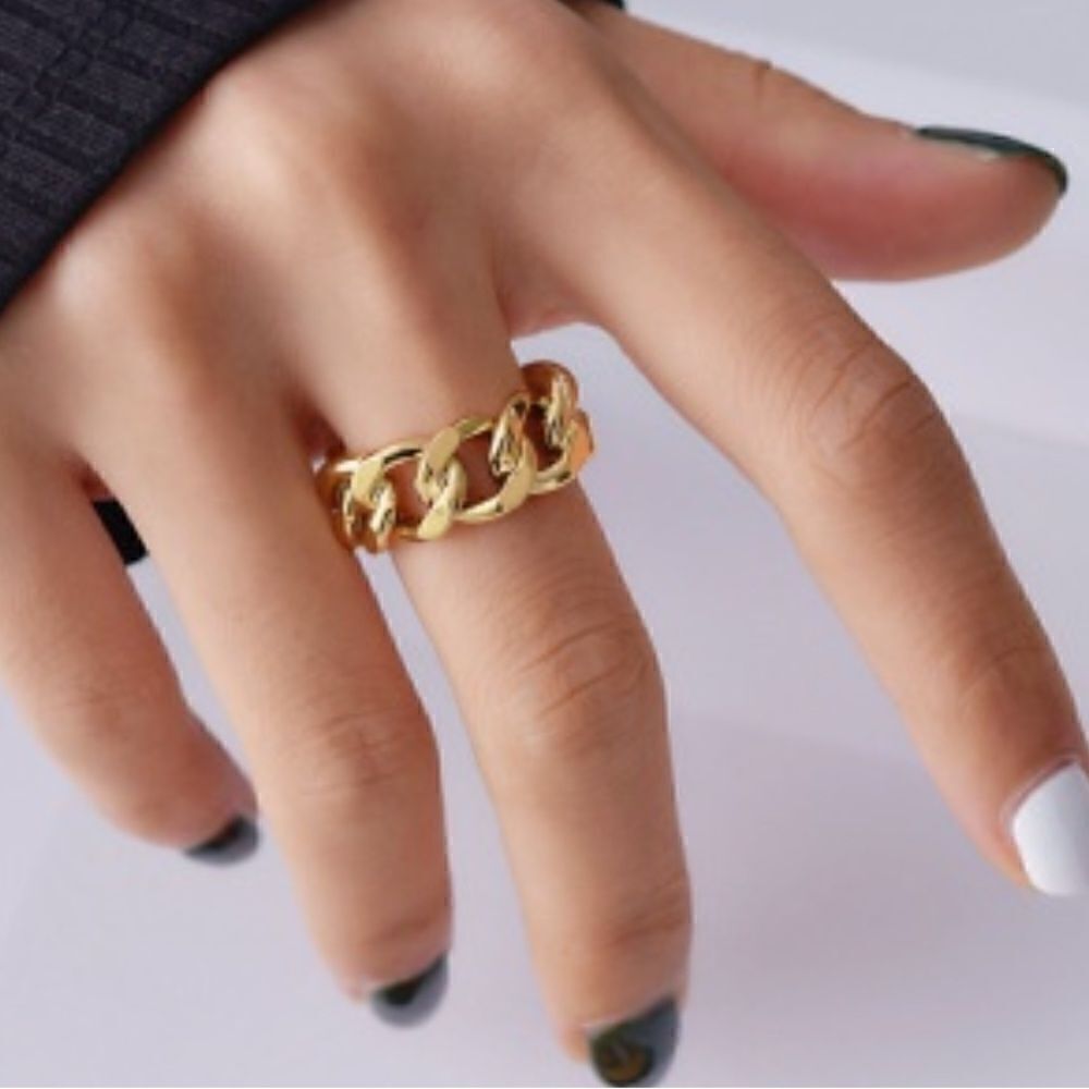 ⭐️925 Sterling Silver Cuban Link Adjustable Chain Ring Gold Plated Chunky